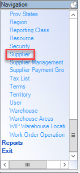 Enterprise left-hand Navigation menu; shows the location of supplier.