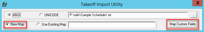 Takeoff Import Utility window; shows location of New Map and Map Custom Fields button.