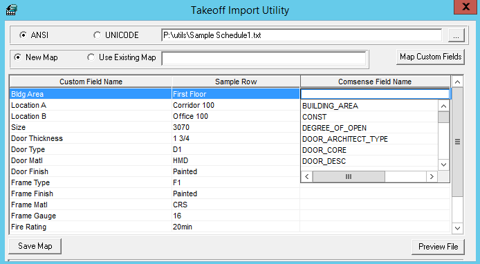 Takeoff Import Utility window; shows the field mapping pane.
