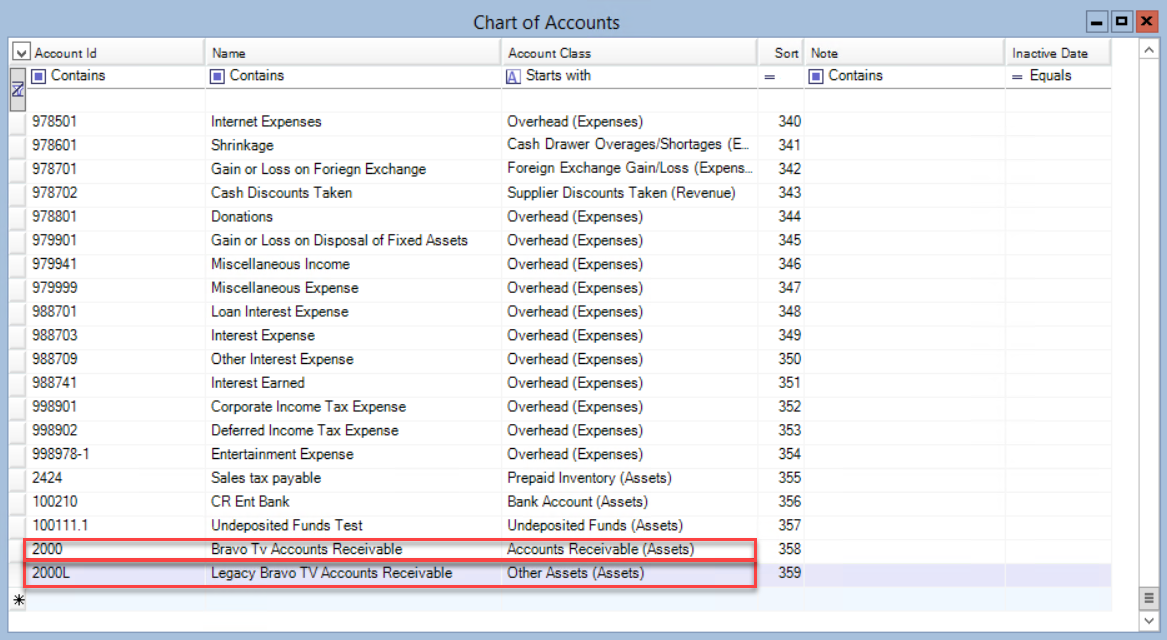 Chart of Accounts window; shows new accounts receivable and legay accounts receivable line items.