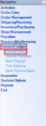 Enterprise left-hand navigation menu; shows location of General Ledger and Journal Entry.