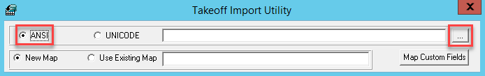 Takeoff Import Utility window; shows location of ANSI and ellipses.