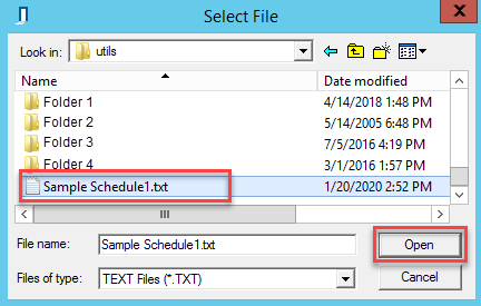 Select File window; shows location door and frame schedule and Open button.