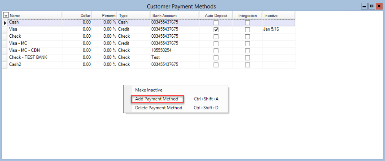 Customer Payment Methods window; shows right-click menu and location of Add New Payment.