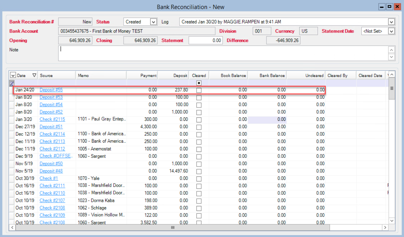 Bank Reconciliation window; shows the check deposit.