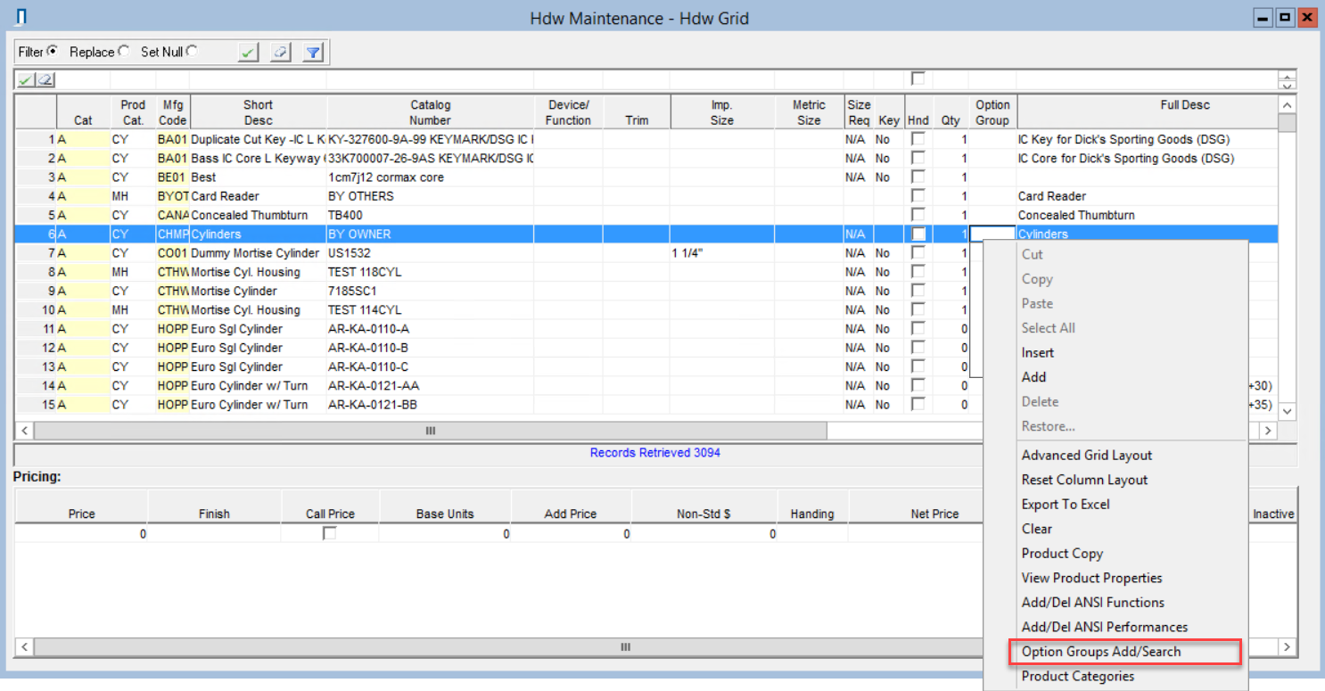 Hdw Maintenance - Hdw Grid window; shows the Option Group right-click menu and the location of the Option Groups Add/Search button.
