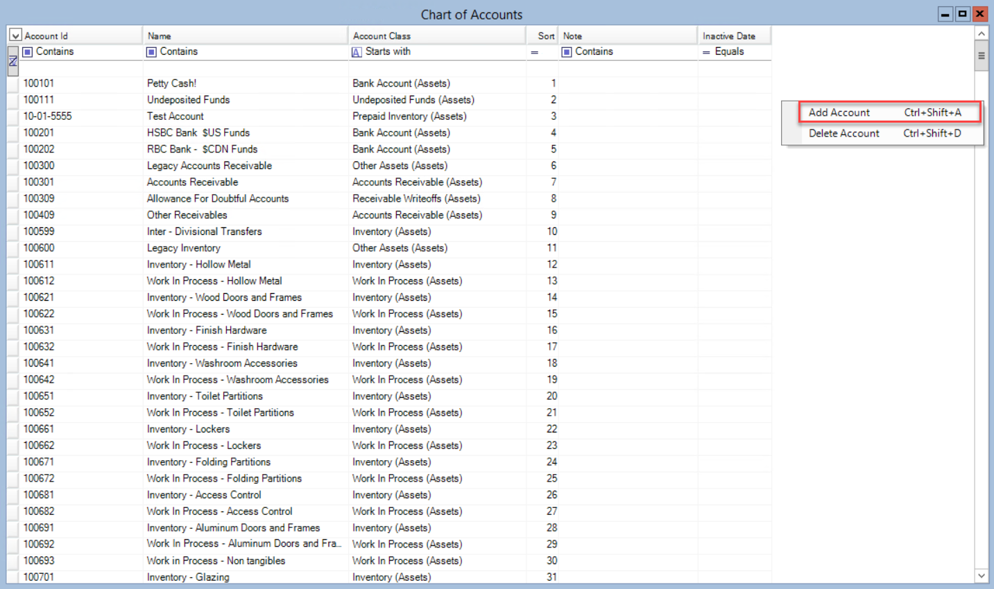 Chart of Accounts window; shows right click menu and add new account.