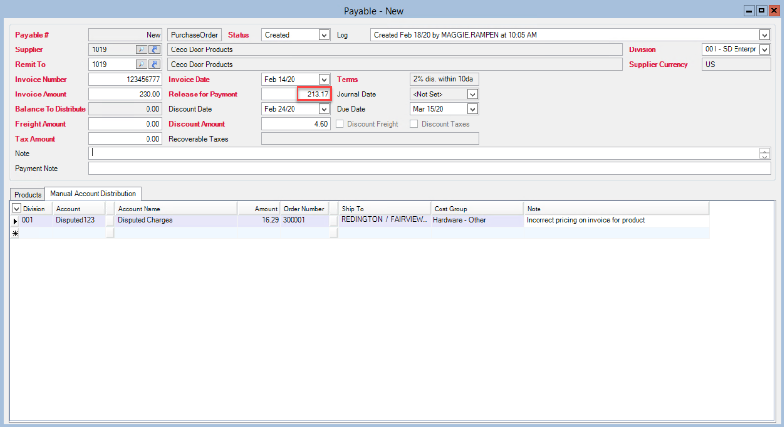 Payable window; shows Release for Payable Amount as lower than the Invoice Amount.