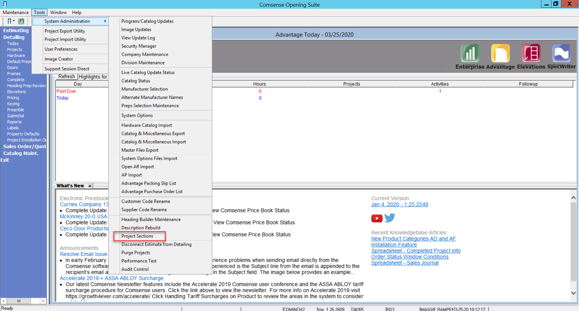 Advantage window; shows System Administration drop-down and location of Project Sections.