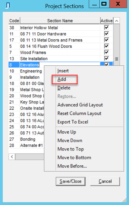 Project Sections window; shows right-click menu and the location of Add.