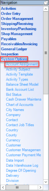 Enterprise Navigation menu; shows the location of System Options and Account Assignment.