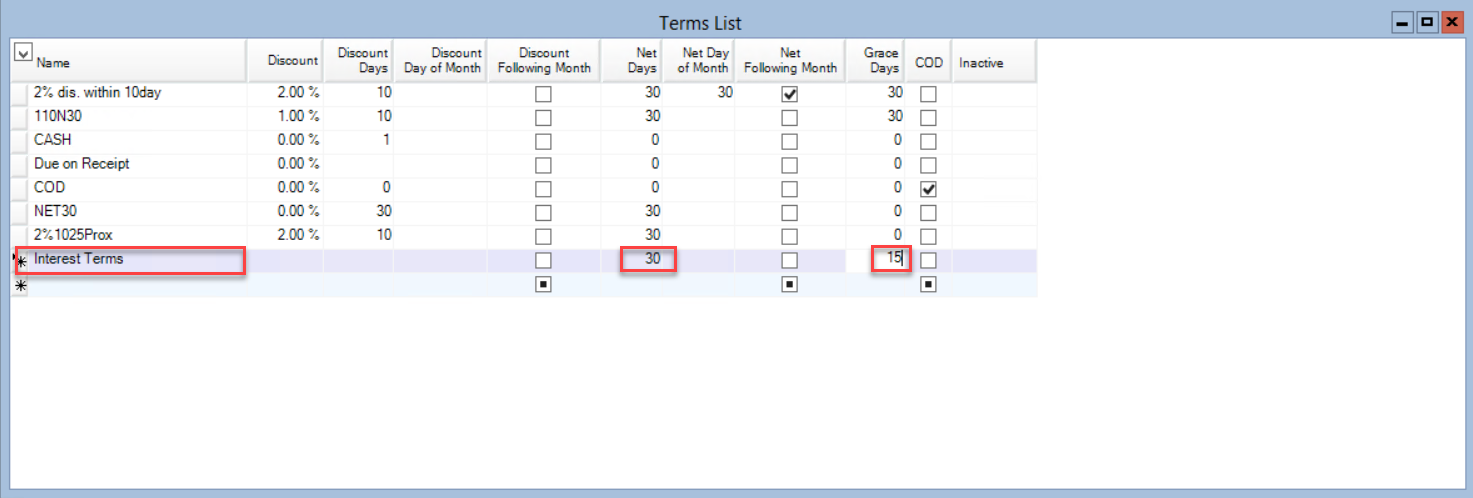 Terms List window; shows locatin of the new 'Interest Terms' line item with Net Days and Grace Days fields.