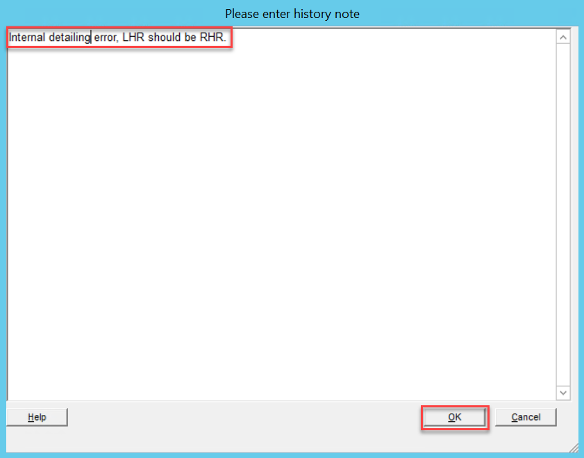 Please enter history note window; shows an example note and the location of the OK button.