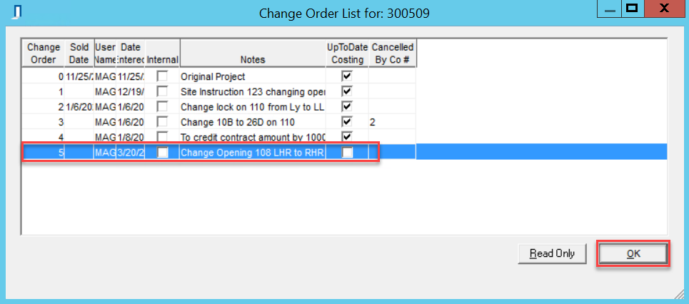 Change Order List window; shows a selected changed order and the location of the OK button.