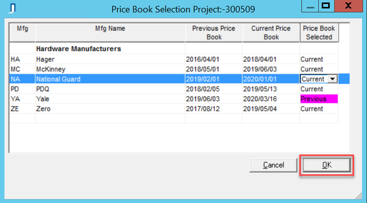 Price Book Selection window; shows the location of the OK button.