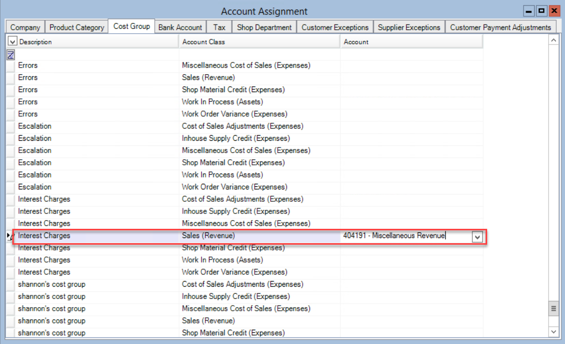 Account Assignment window; shows a general ledger account assigned to the Interest Charges Sales (Revenue) Cost Group.