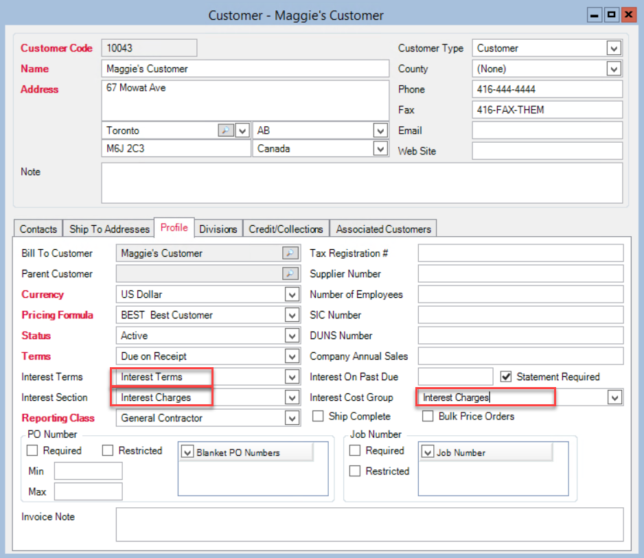 Customer window; shows location of the Interest Terms, Interest Section, and Interest Cost Group fields.