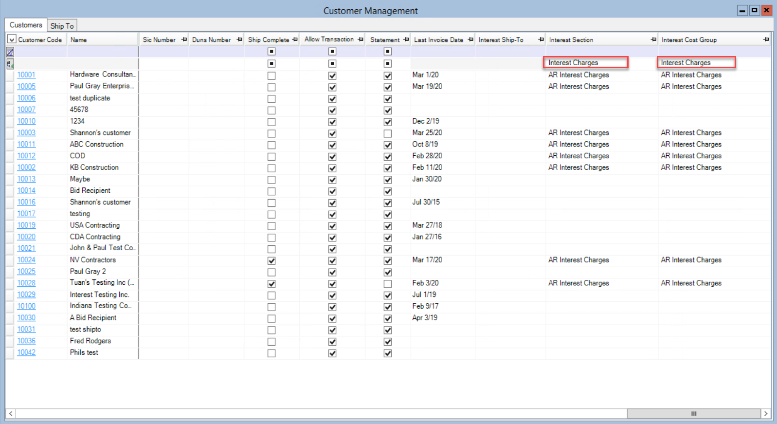 Customer Management window; shows the interest sections and interest cost groups in the Replace line item.