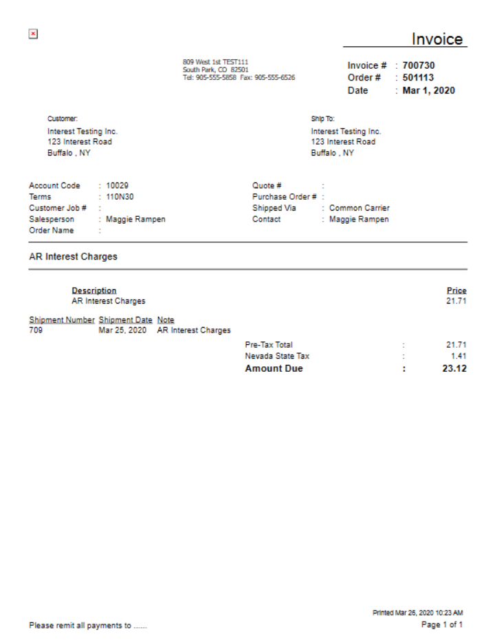 Example of Interest Invoice report.