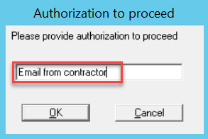 Authorization to Proceed window; shows an example of Authorization to Proceed.