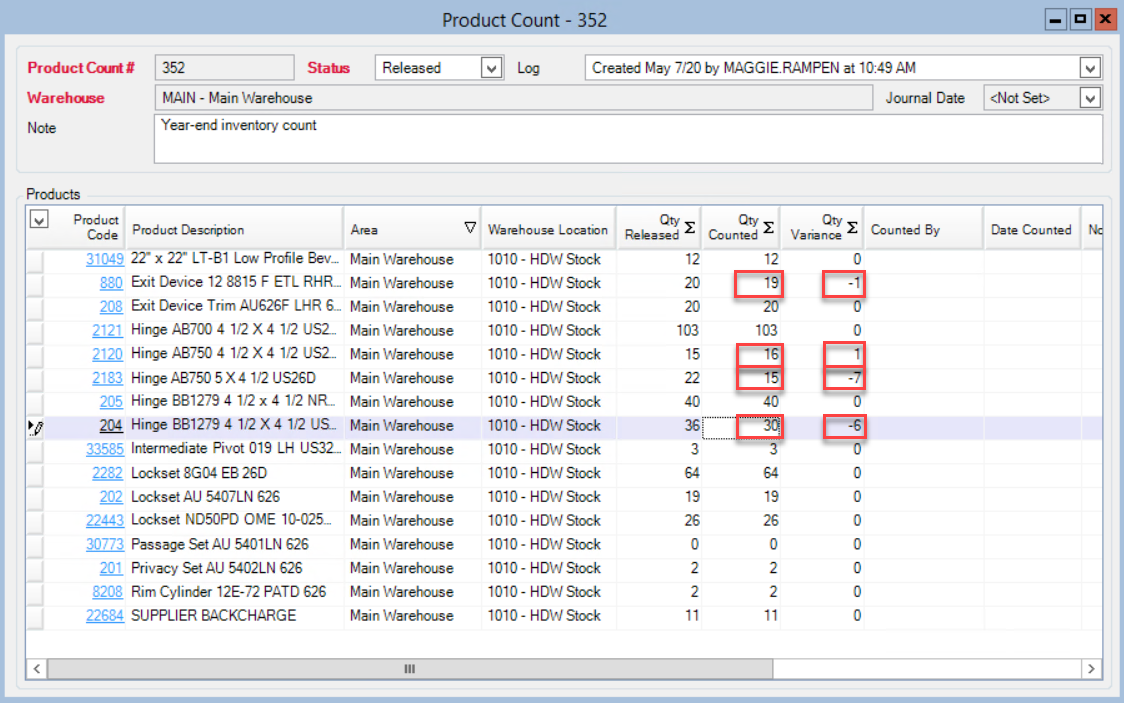Product Count window; shows updated Qty Counted and Qty Variance fields.