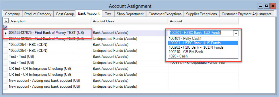 Account Assignment window; shows the Account column and Description column of the Bank Account tab.