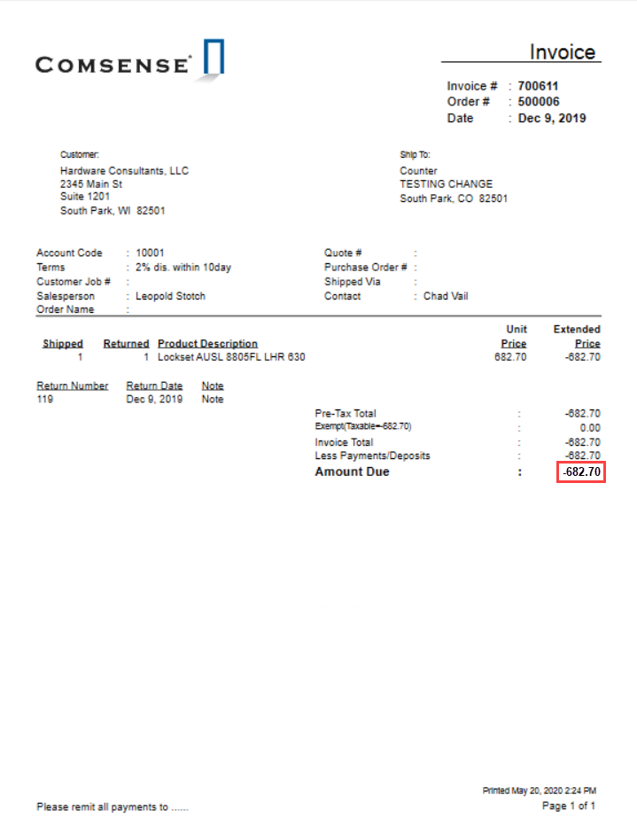 Example of credit invoice.