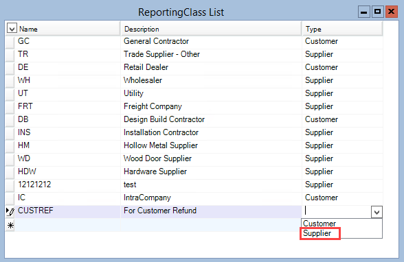 ReportingClass List window; shows the Type drop-down menu and the location of supplier.