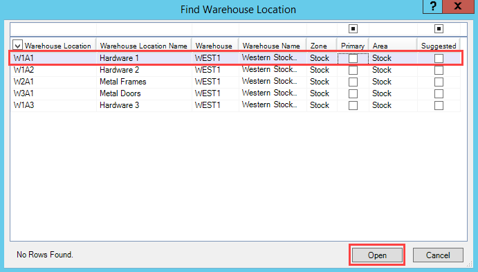 Find Warehouse Location window; shows a selected warehouse location and the location of the Open button.
