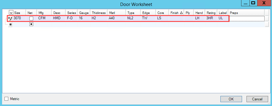 Door Worksheet window; shows the filled in Door details.