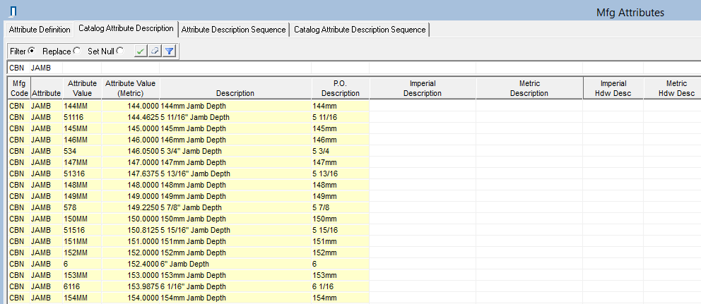 Mfg Attributes window, Catalog Attribut Description tab; shows the CBN jamb catalog attribute descriptions.