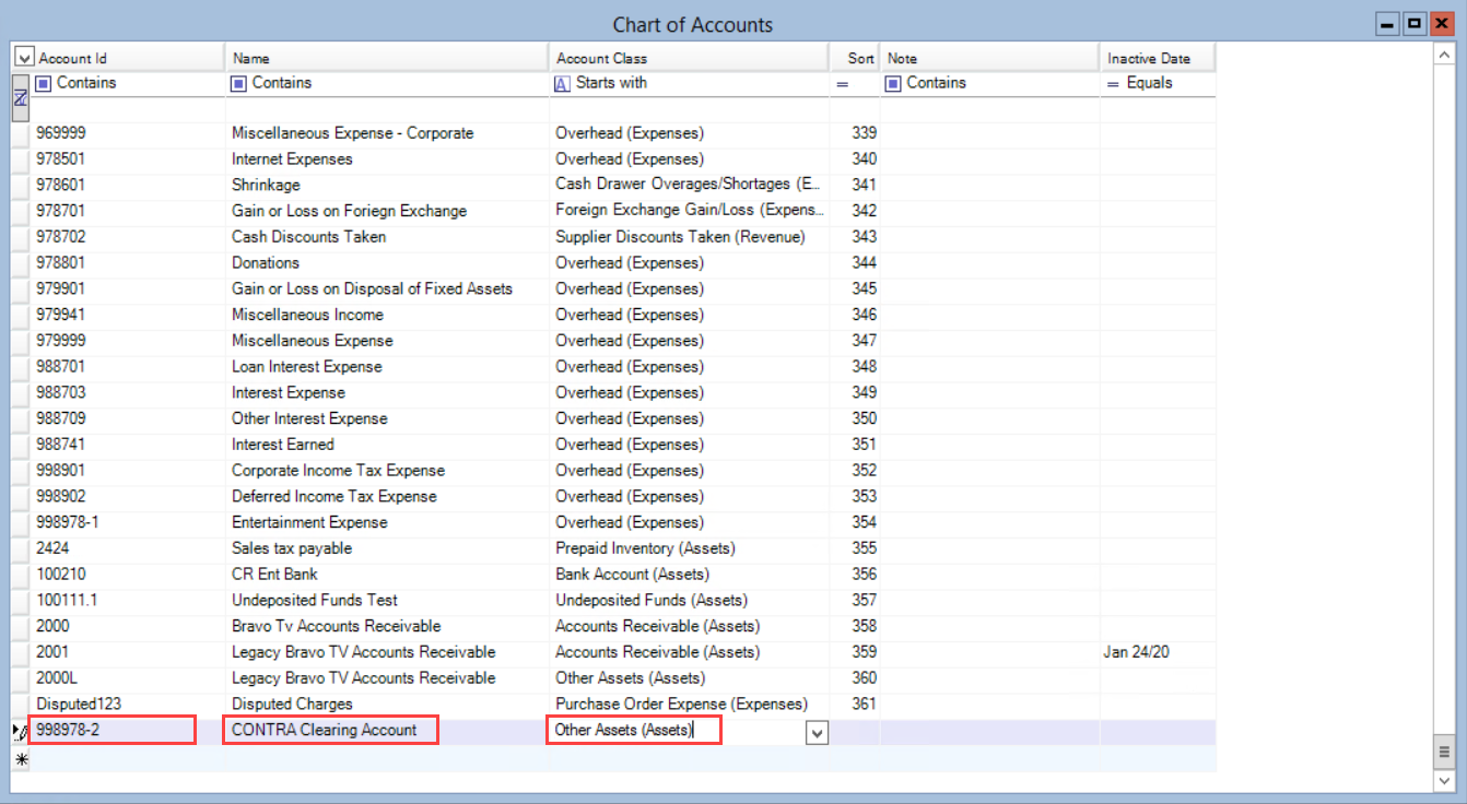 Chart of Accounts window; shows the location of the Account Id, Name, and Account Class fields.