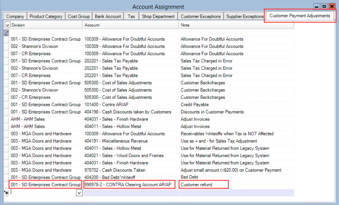 Account Assignment window; shows the location of the Division, Account, and Note fields.