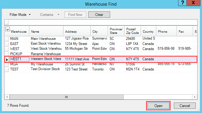 Warehouse Find window; shows a selected warehouse and the location of the Open button.