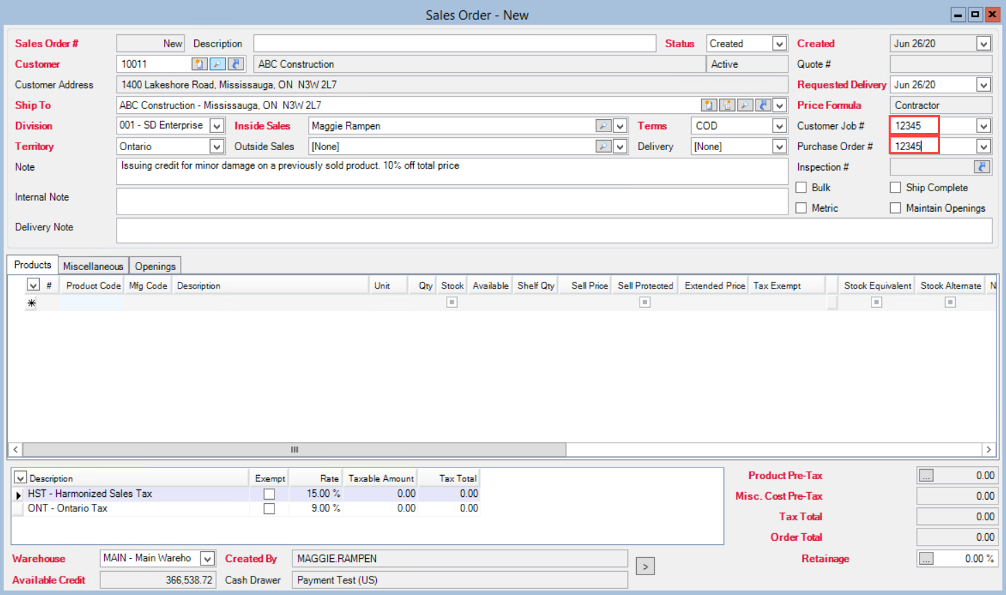 Sales Order window; shows the location of the Customer Job # field and the Purchase Order # field.