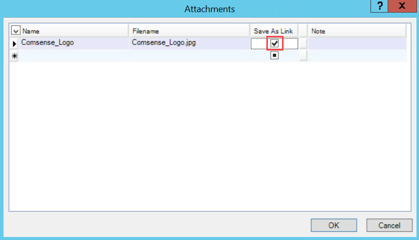Attachments window; shows a checked Save As Link checkbox.