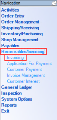 Enterprise Navigation menu; shows the location of Receivables/Invoicing and Invoicing.