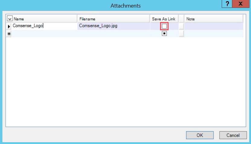 Attachments window; shows an unchecked Save As Link checkbox.