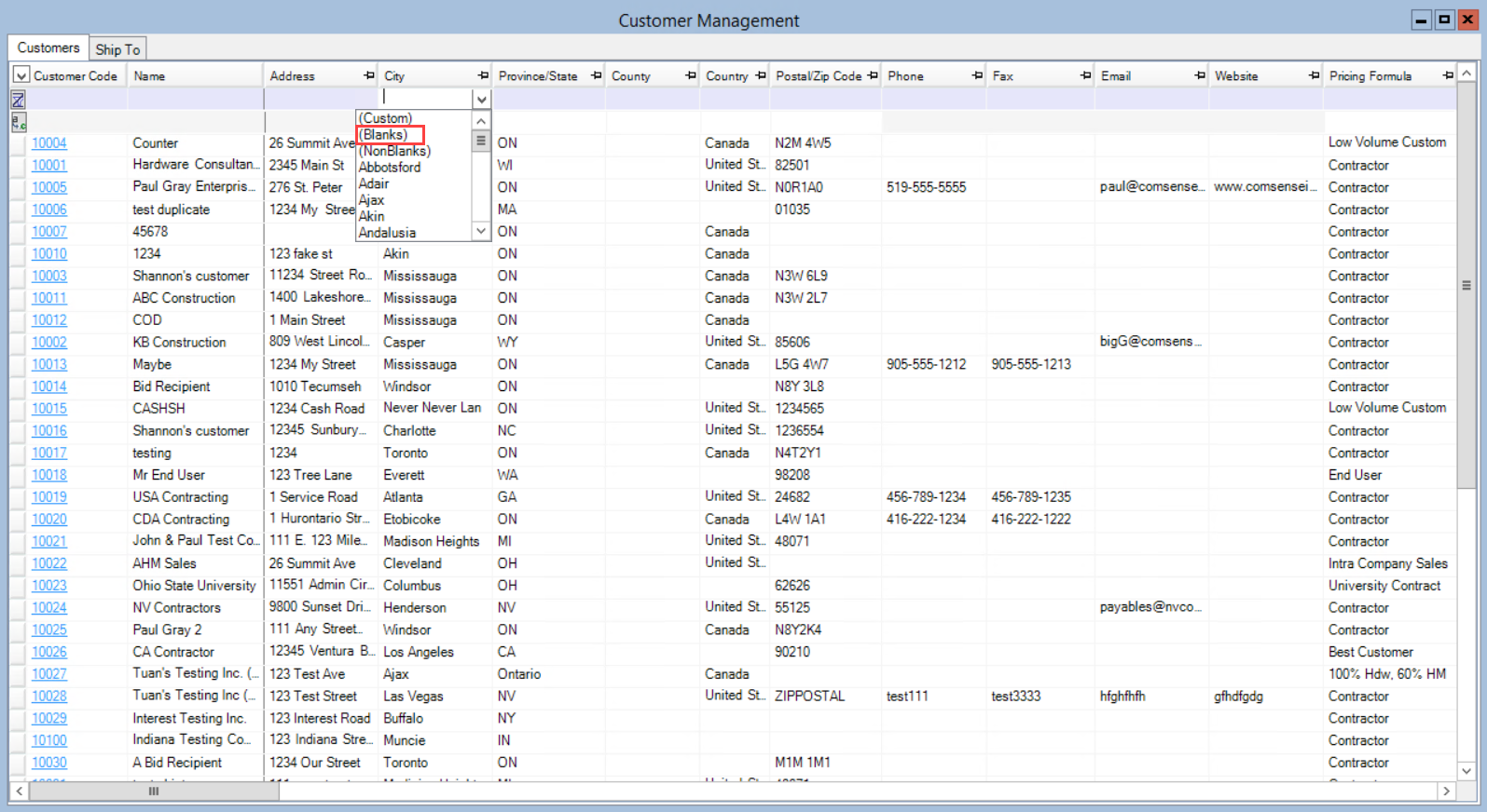 Customer Management window; shows the (Blanks) option in the filter drop-down list.