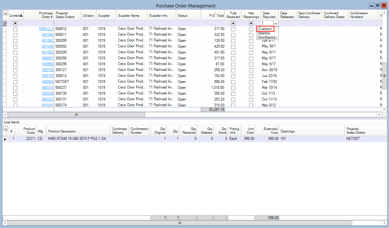 Purchase Order Management window; shows the location of (Custom) in the filter field's drop-down list.