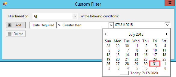 Custom Filter window; shows the Value field drop-down calendar.