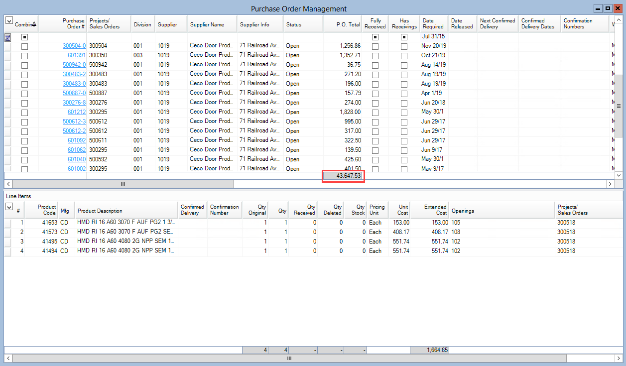 Purchase Order Management window; shows the location of the Purchase Order total field.