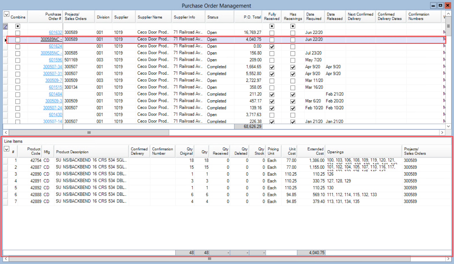Purchase Order Management windowl shows a selected purchase order in the top pane and the product line items in the bottom pane.
