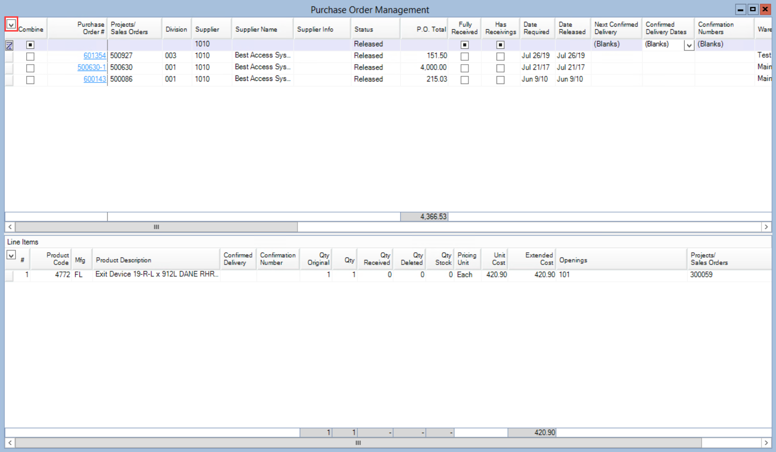 Purchase Order Management window; shows the location of the down arrow.