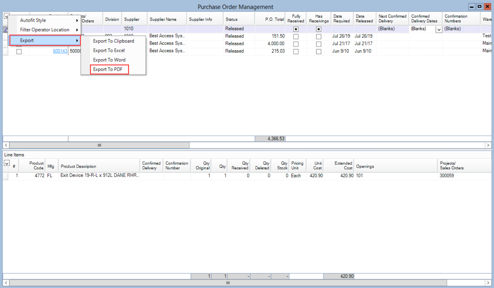 Purchase Order Management window; shows the pathway to the Export To options.
