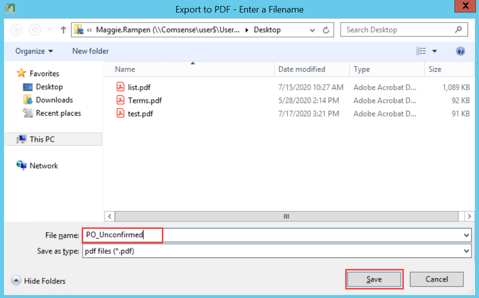 File Explorer window; shows the export file name and the location of the Save button.