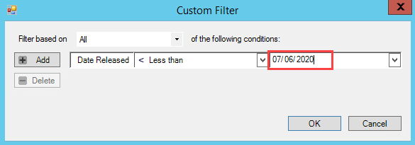 Custom Filter window; shows a date selected in the Date field.