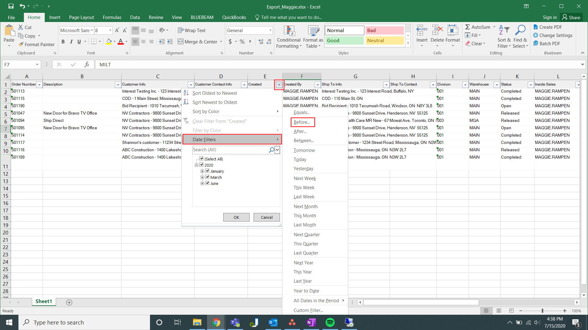Excel window; shows the pathway to the Before customer filter.