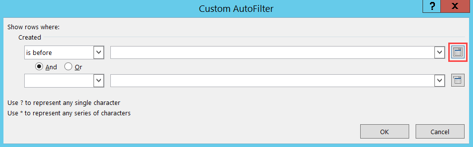 Custom AutoFilter window; shows the location of the Calendar icon.