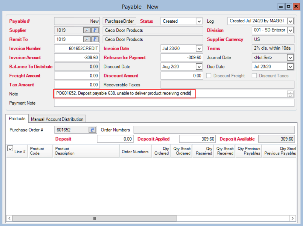 Payable window; shows an example Note.